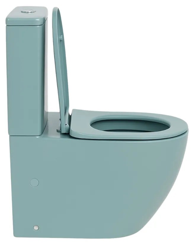 Set vas wc stativ rimless verde turcoaz mat Foglia Oslo cu rezervor si capac soft close inclus Turcoaz mat