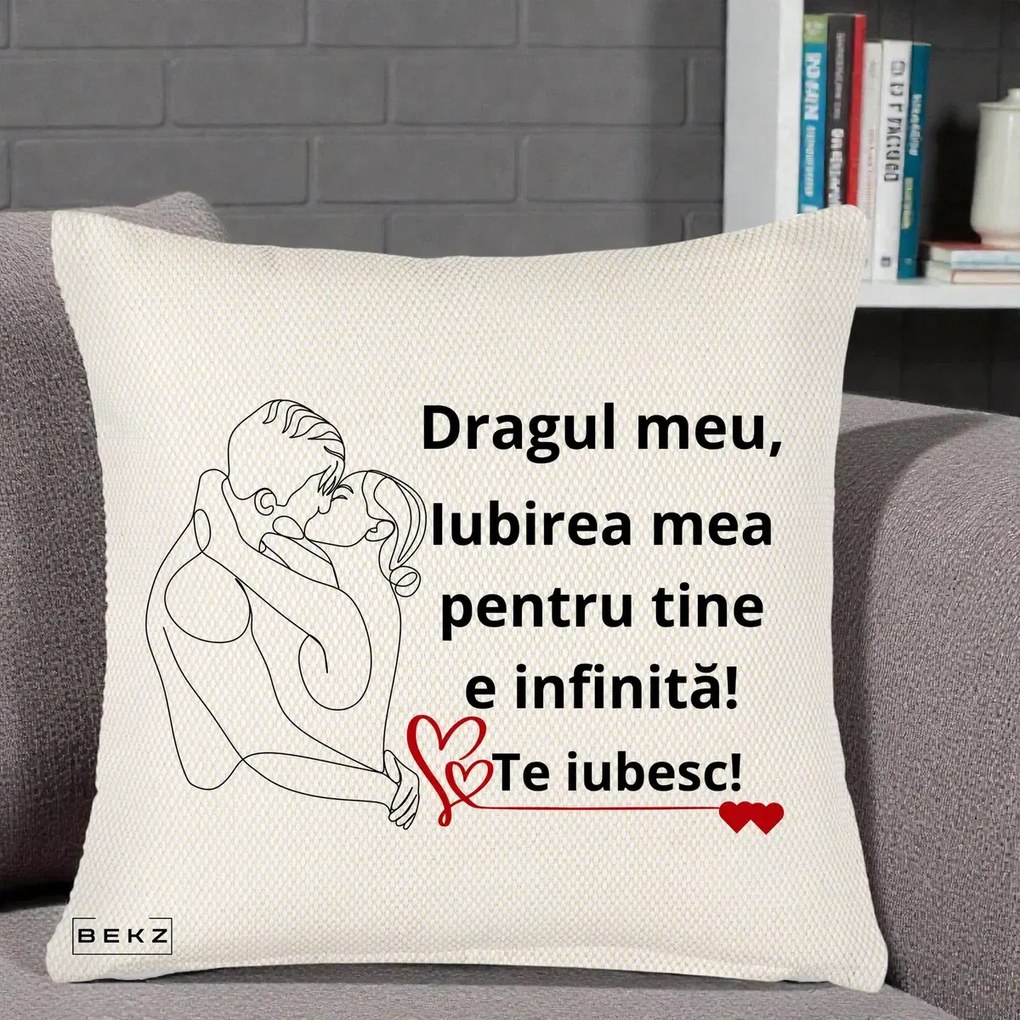 Cadou pentru Iubit - Perna Personalizata Dragul Meu Iubirea Mea pentru Tine e Infinita Te Iubesc, 40x40 cm, Crem Reliefat, Husa Detasabila, Perna Inclusa, BEKZ®