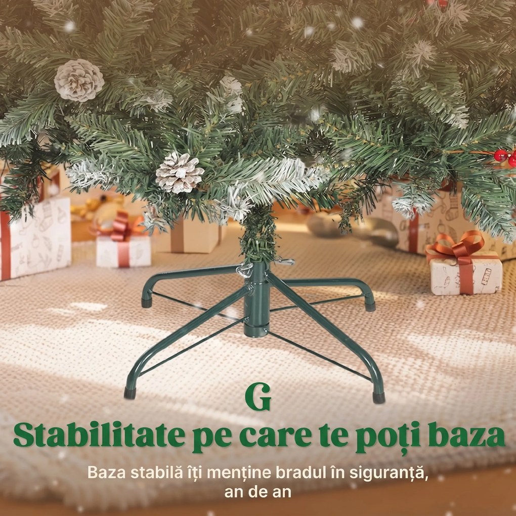 HOMCOM Brad de Crăciun Înalt Înzăpezit 180 cm cu 620 de Ramuri, Brad Artificial de Interior cu Conuri și Boabe Roșii Decorative, Bază din Metal, Verde | Aosom Romania