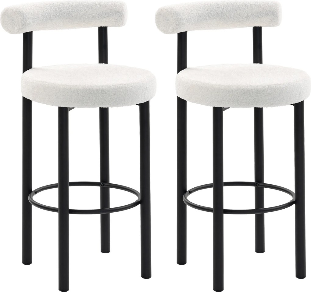HOMCOM Set de 2 taburete de bar, scaune de bar din țesătură bouclette cu spătar curbat, suport pentru picioare, 50x52,5x98cm, crem | Aosom Romania