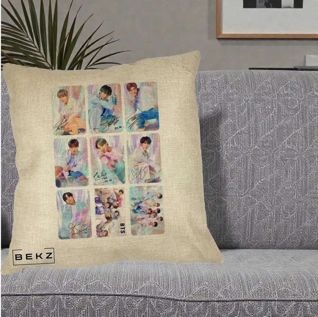 Perna Personalizata K-pop BTS Colaj 9 Fotografii Autografe Individual, 40x40 cm, Crem, Husa Detasabila, Perna Inclusa, BEKZ®