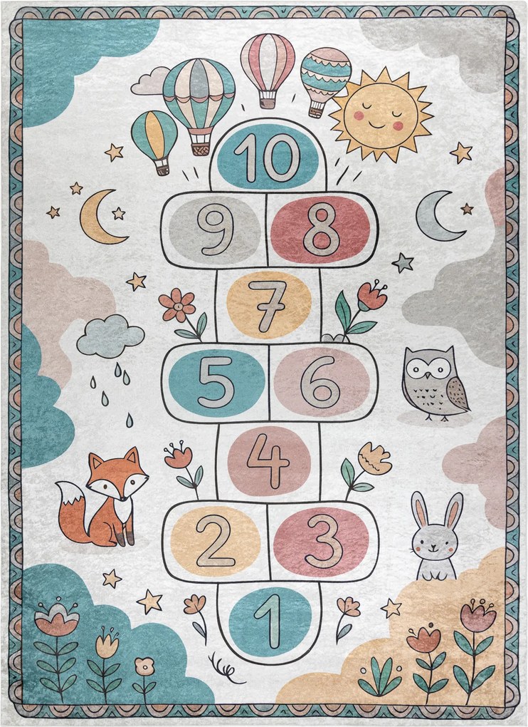 BAMBINO 61440 covor lavabil Grădină hopscotch, baloane, numere pentru copii anti-alunecare - crem / verde