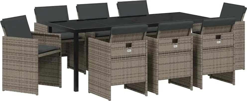 vidaXL Set de masă pentru grădină cu pernă 9 pcs Gri poliratan