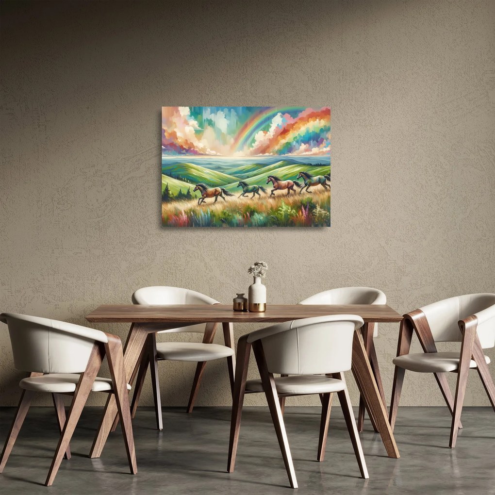 Tablou pe sticlă – Cai galopând prin peisaj (70x50 cm)