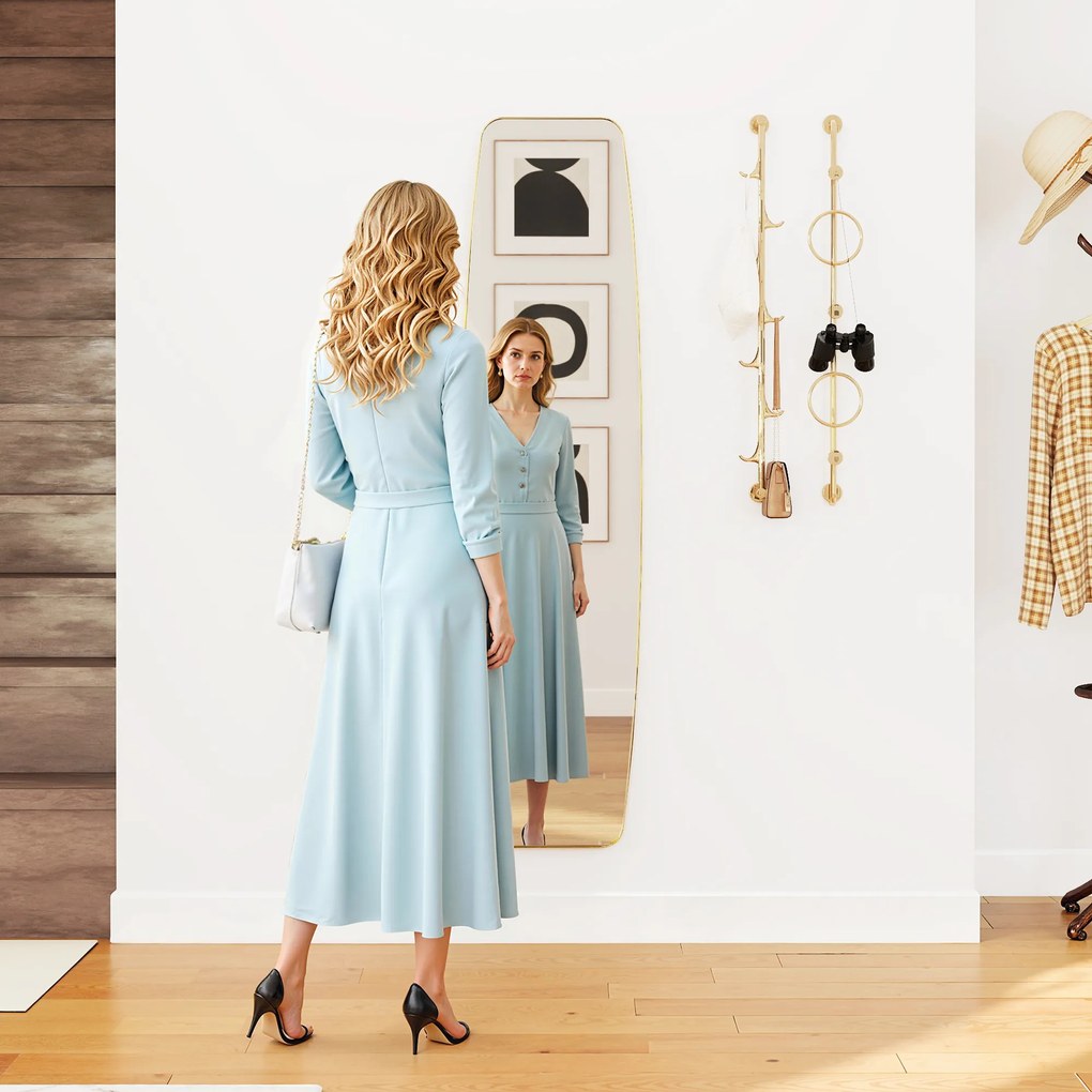 HOMCOM Oglindă mare de perete ovală 160 x 40 cm, oglindă suspendată modernă, cadru din metal și lemn, gata de agățat, auriu | Aosom Romania