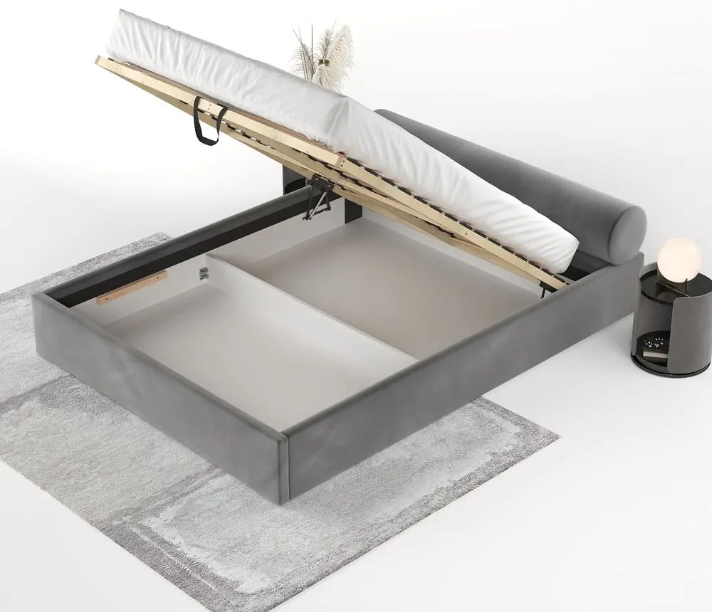 Pat matrimonial gri închis tapițat cu spațiu de depozitare cu somieră 180x200 cm Solvo – Maison de Rêve