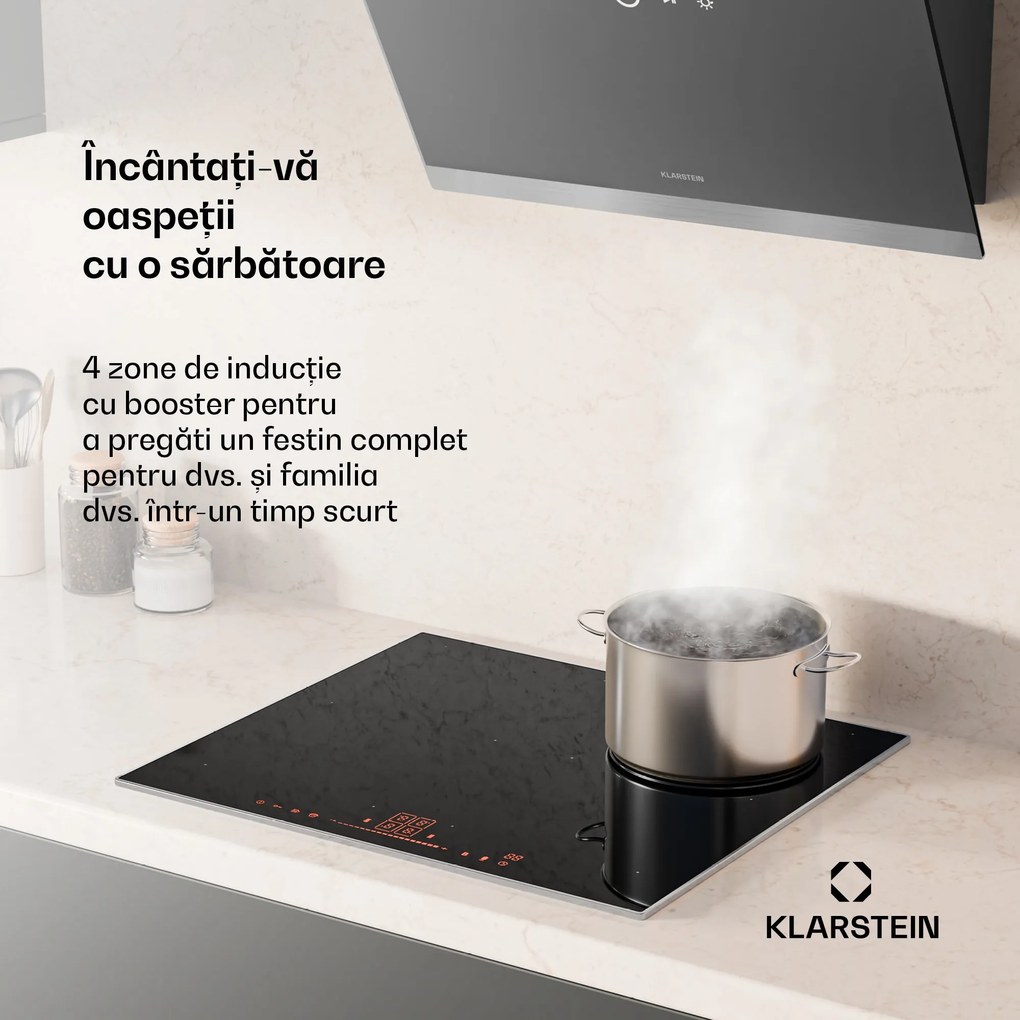 Klarstein Plită de gătit cu inducție NanoGlow, 4 plite, zone flexibile, booster, nanocoat