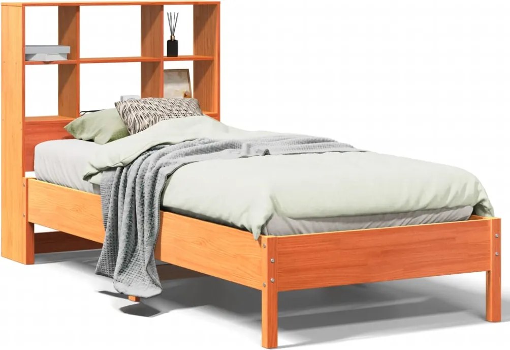 vidaXL Pat cu bibliotecă fără saltea, maro, 100x200 cm, lemn masiv pin