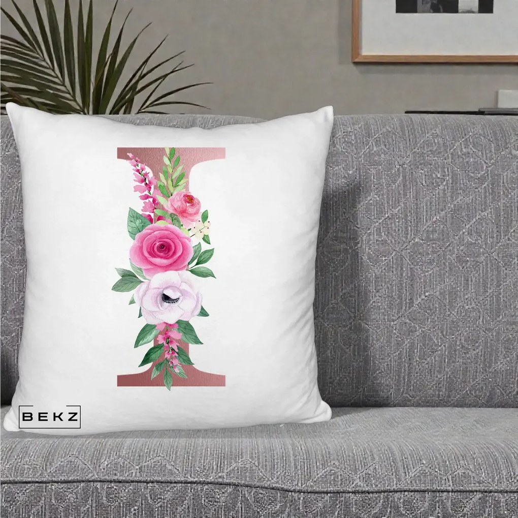 Cadou Personalizat - Perna Personalizata Monograma Rose Gold Litera I, 40x40 cm, Alb Pufos, Husa Detasabila, Perna Inclusa, BEKZ®