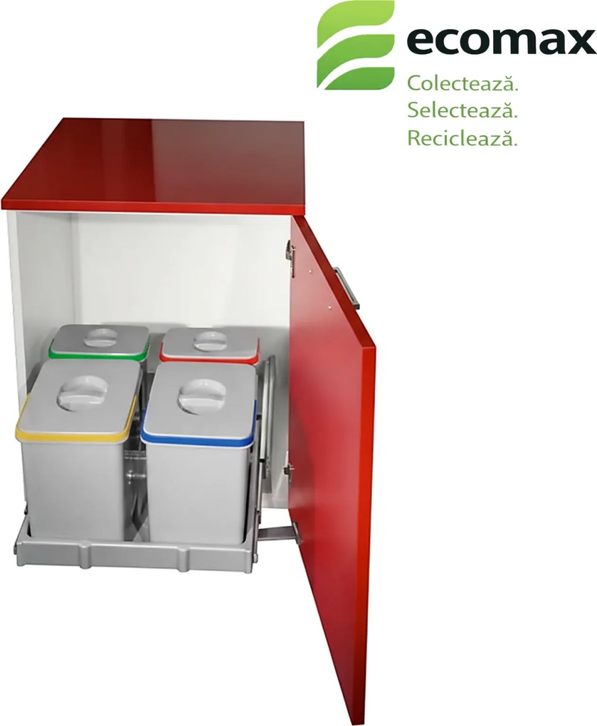 Cos gunoi incorporabil Smart Automatic Ecomax, colectare selectiva, pentru corp de 600 mm, 2 x 15 l + 2 x 7 l Polipropilena, Gri deschis, L:515mm;