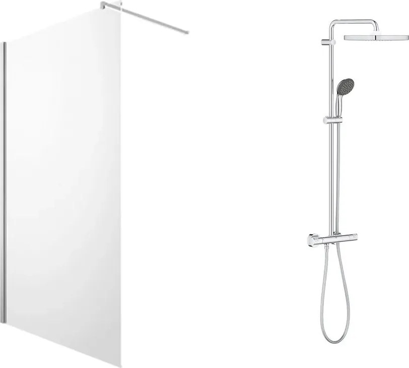 Pachet paravan dus Walk-In Omnires Marina crom 100x200 cm si coloana de dus Grohe Vitalio Start crom