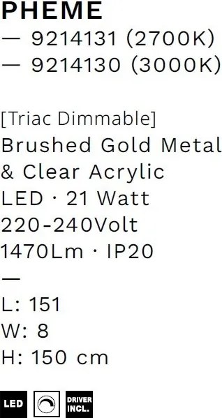 Lustra LED 3000K suspendata design liniar PHEME auriu periat