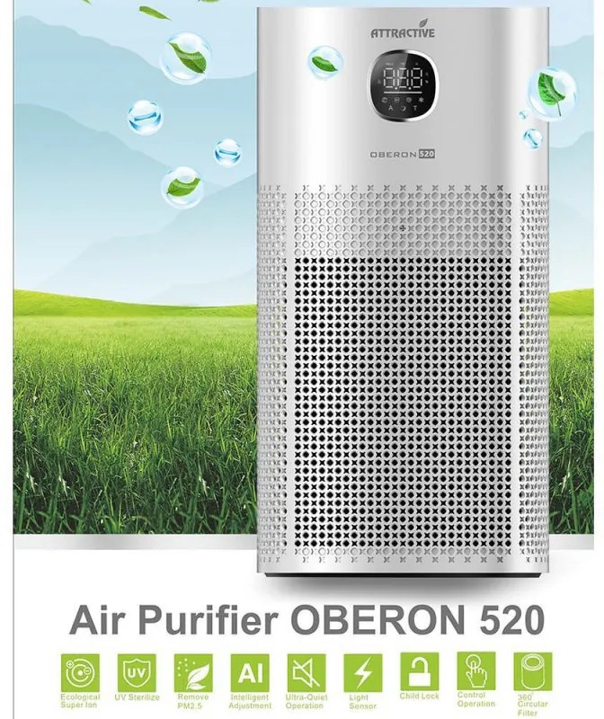 Purificator de aer Atractiv OBERON 520, 50W, Pana la 62 m², Wi-Fi, 5 viteze, Timer, Mod de noapte, Telecomandă, Senzor inteligent de poluare, Alb