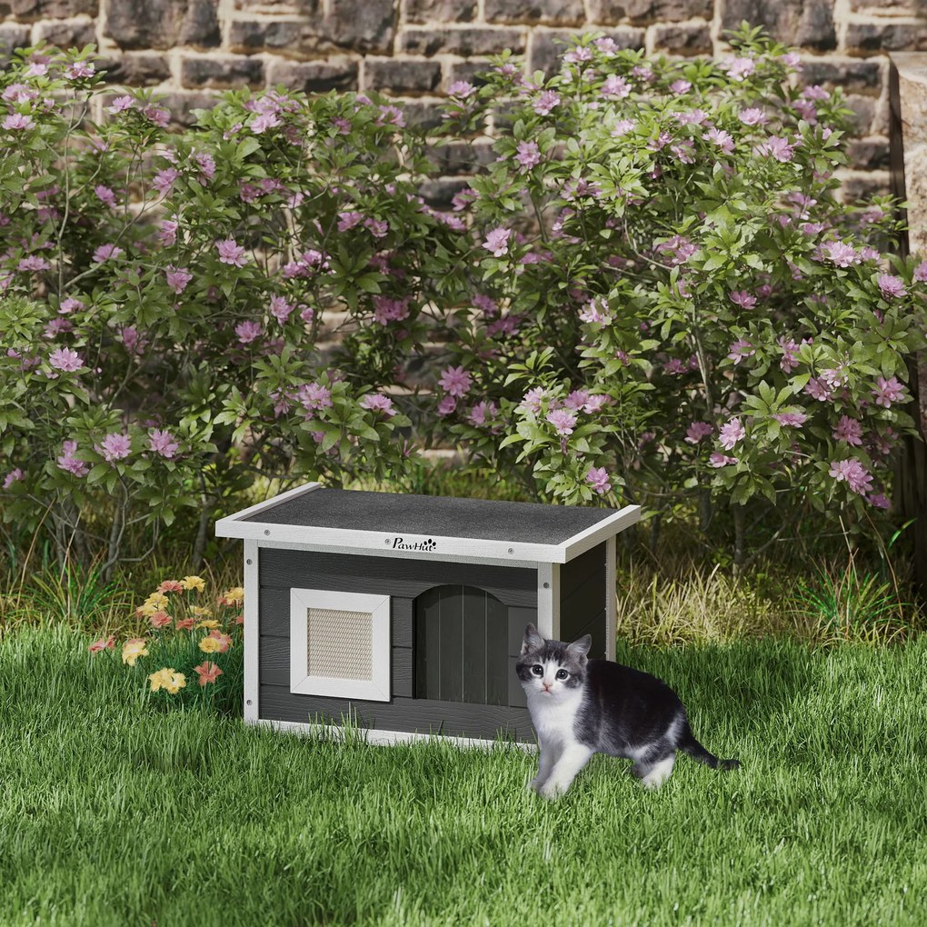 PawHut Casa de pisici, refugiu pentru pisici și iepuri, casă din lemn cu placă de zgâriere, ușă cu clapetă, 61 x 45 x 36,5 cm, Gri | Aosom Romania