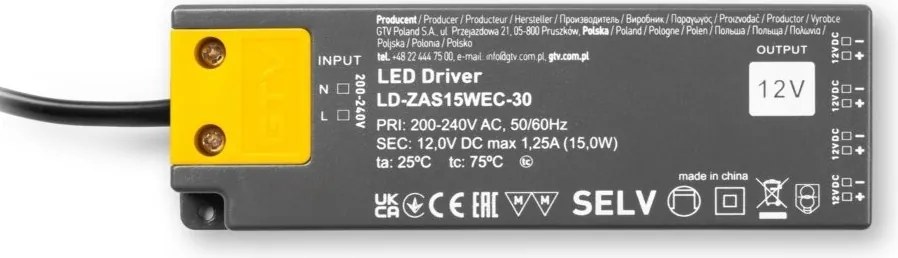 Transformator Easy Click GTV pentru bandă LED, 15W, 12V, IP20, 4 ieșiri Mini AMP, cablu 1,5 m 15 W, 12 V, 1.5 m, Plastic, Easy Click