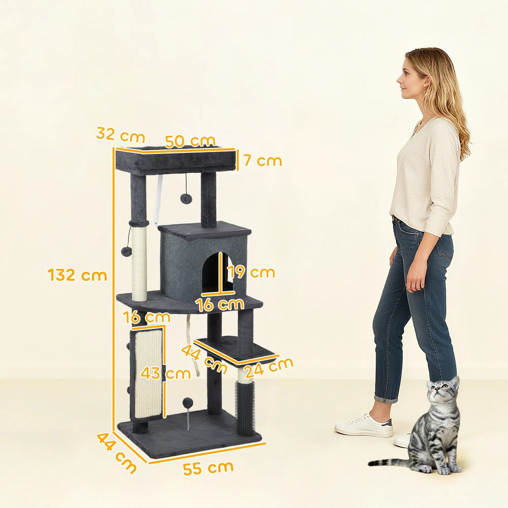 PawHut Ansamblu Multinivel pentru Pisici, 132 cm, cu Căsuță, Culcuș, Stâlpi de Zgâriat, Perie și Minge, Gri Închis | Aosom Romania