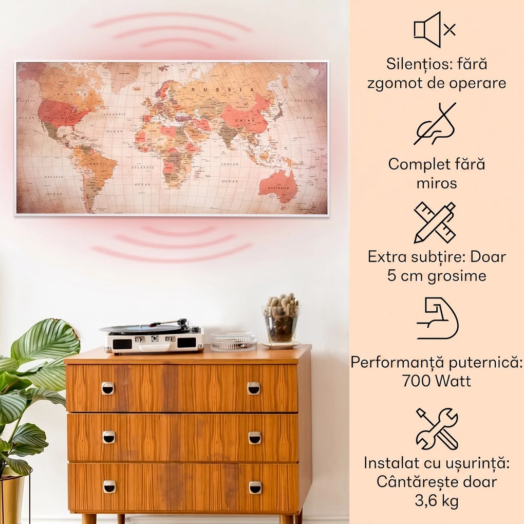 Klarstein Wonderwall Air Art Smart, încălzitor cu infraroșu, 120 x 60 cm, 700 W, aplicație, harta lumii