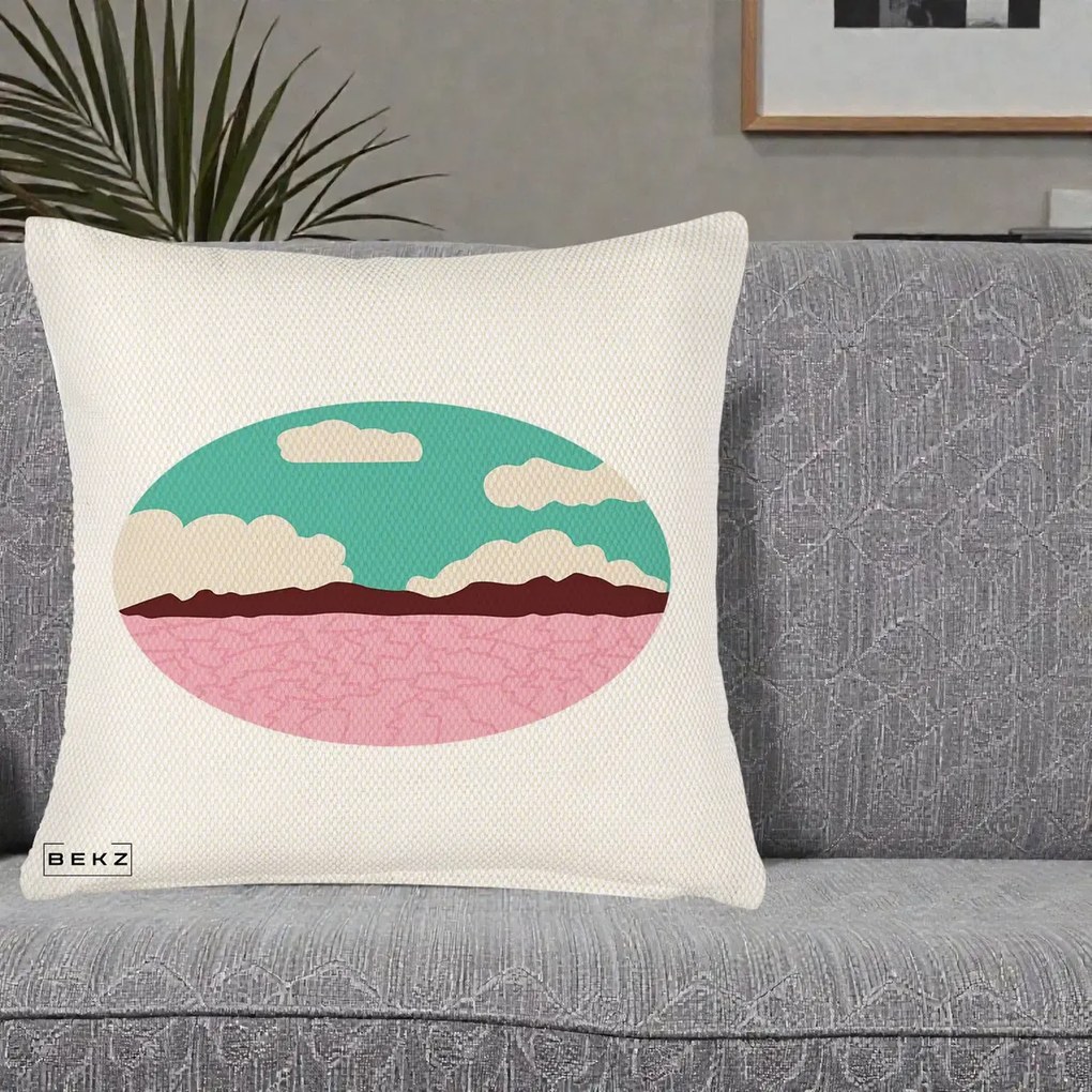 Perna Decorativa Peisaj Desert Oval Pastel, 40x40 cm, Crem Reliefat, Husa Detasabila, Perna Inclusa, BEKZ®