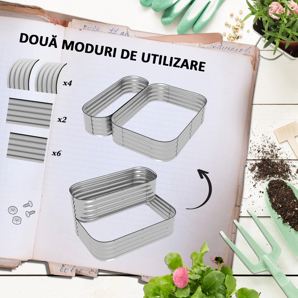 Outsunny Jardinieră de Grădină Înălțat cu 2 Niveluri, Jardinieră Galvanizată cu Margine de Siguranță, 120x90x30 cm, Argintiu | Aosom Romania