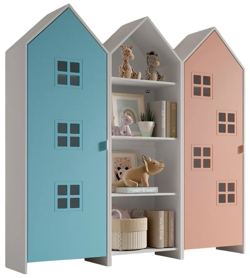 Set 3 dulapuri pentru copii Casami tip colibă de plajă – 1 deschis, 1 cu ușă Roz și 1 cu ușă Albastru – Vipack