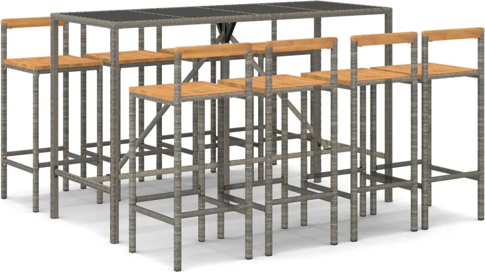 vidaXL Set bar pentru grădină, 9 piese, gri, poliratan/lemn acacia