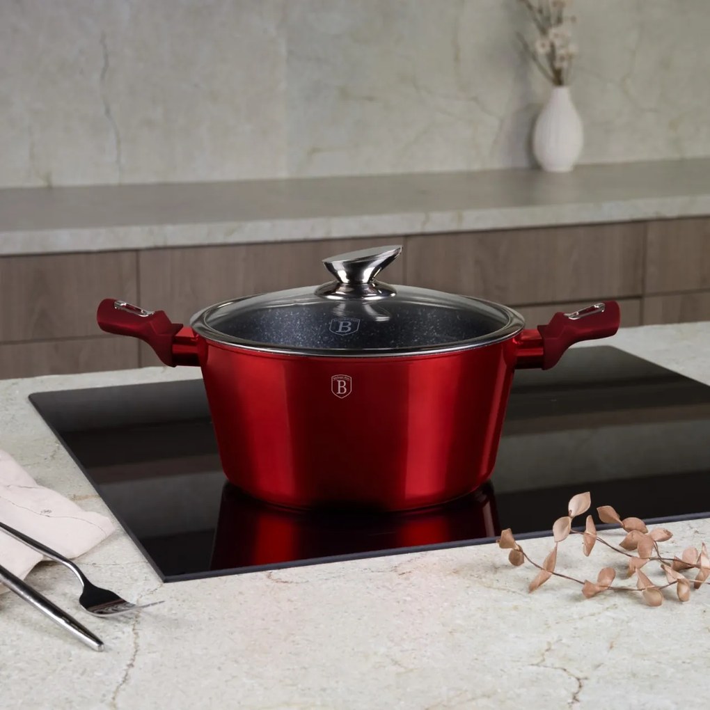Set de oale si tigai cu capace, marmorate, 18 piese Burgundy Metalic Line Berlinger Haus BH 7035