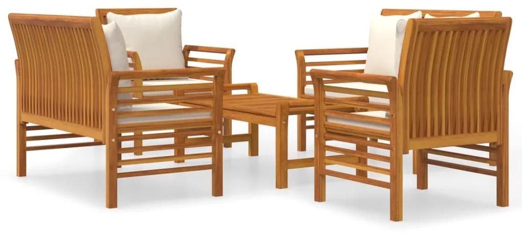 Set mobilier de gradina cu perne, 5 piese, lemn masiv de acacia 2x Canapea cu 2 locuri + 2x fotoliu + masa, 1, Alb crem