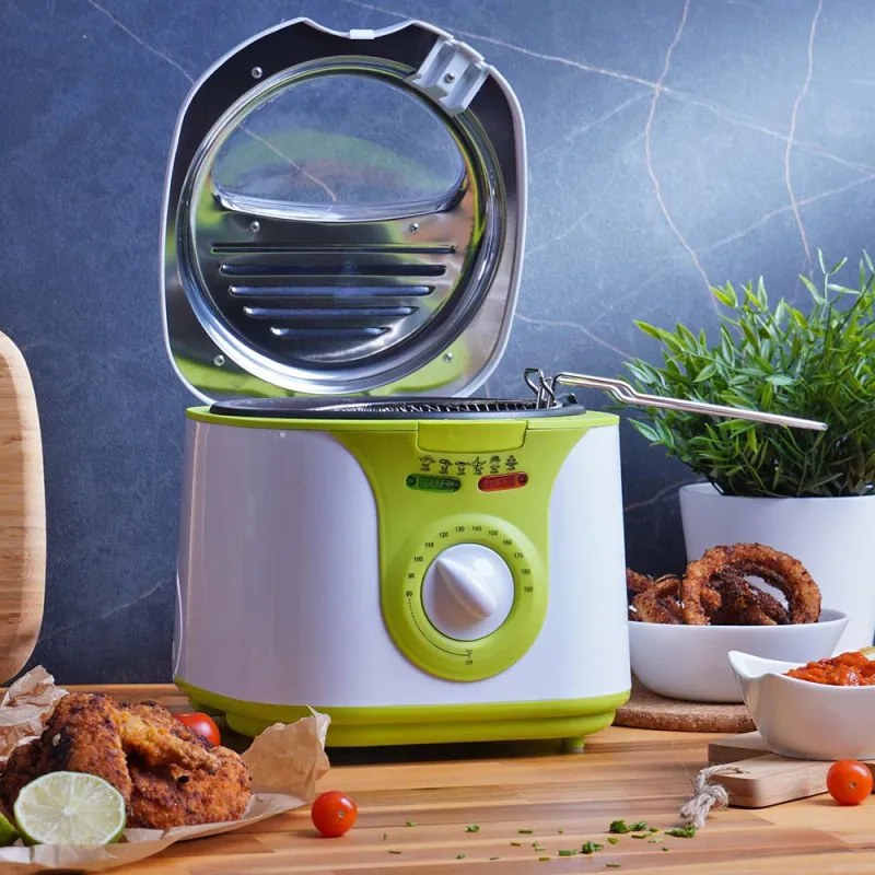 Friteuza Voltz V51980A, 1300W, 2 L, Acoperire antiaderenta, Termostat, Alb/Verde