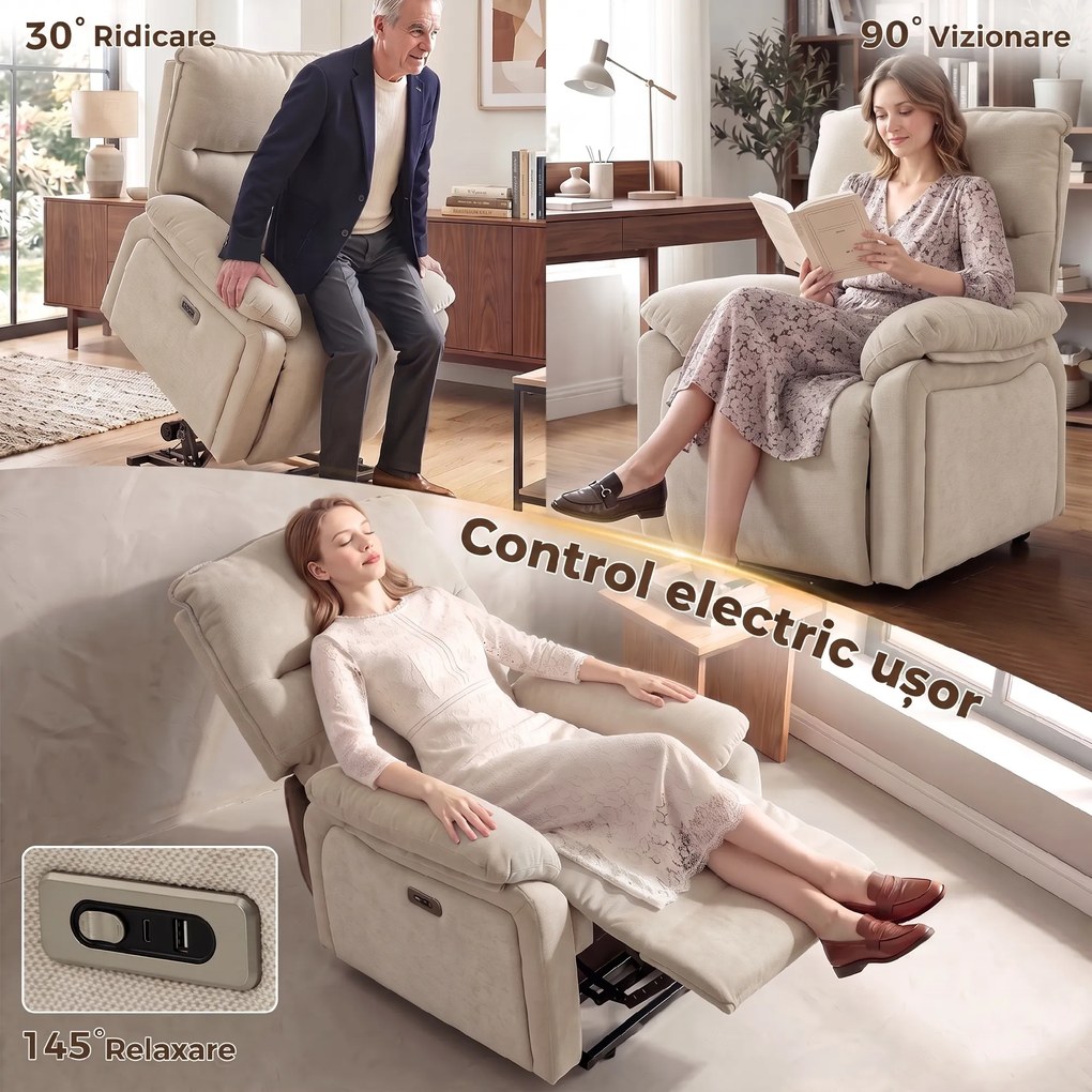 HOMCOM Fotoliu de Relaxare cu Ridicare Electrică, Masaj și Încălzire, Alb Crem | Aosom Romania