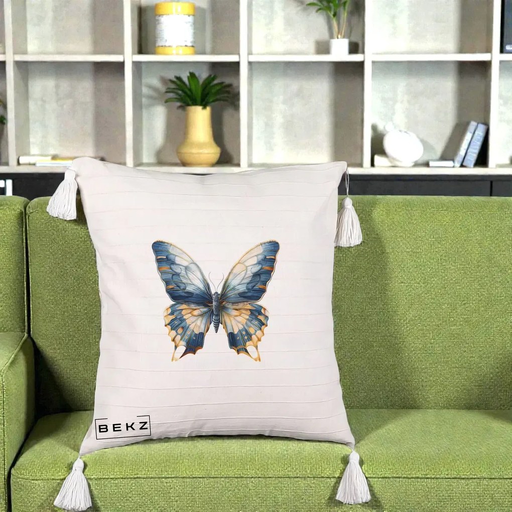 Perna Decorativa Fluture Albastru Auriu Elegant, 40x40 cm, Bej cu Franjuri, Husa Detasabila, Perna Inclusa, BEKZ®