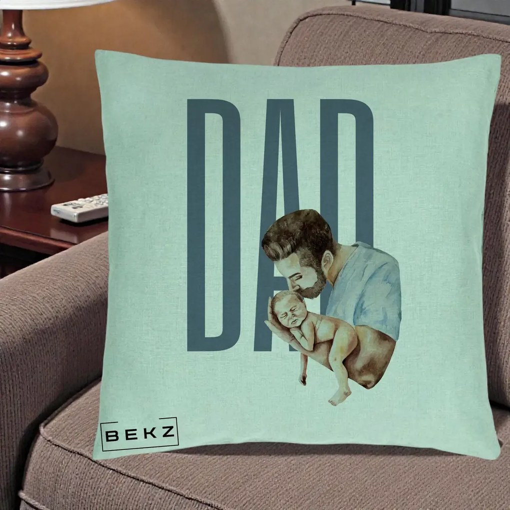 Cadou pentru Tata - Perna Personalizata DAD Tata si Nou-Nascut, 40x40 cm, Verde Menta, Husa Detasabila, Perna Inclusa, BEKZ®