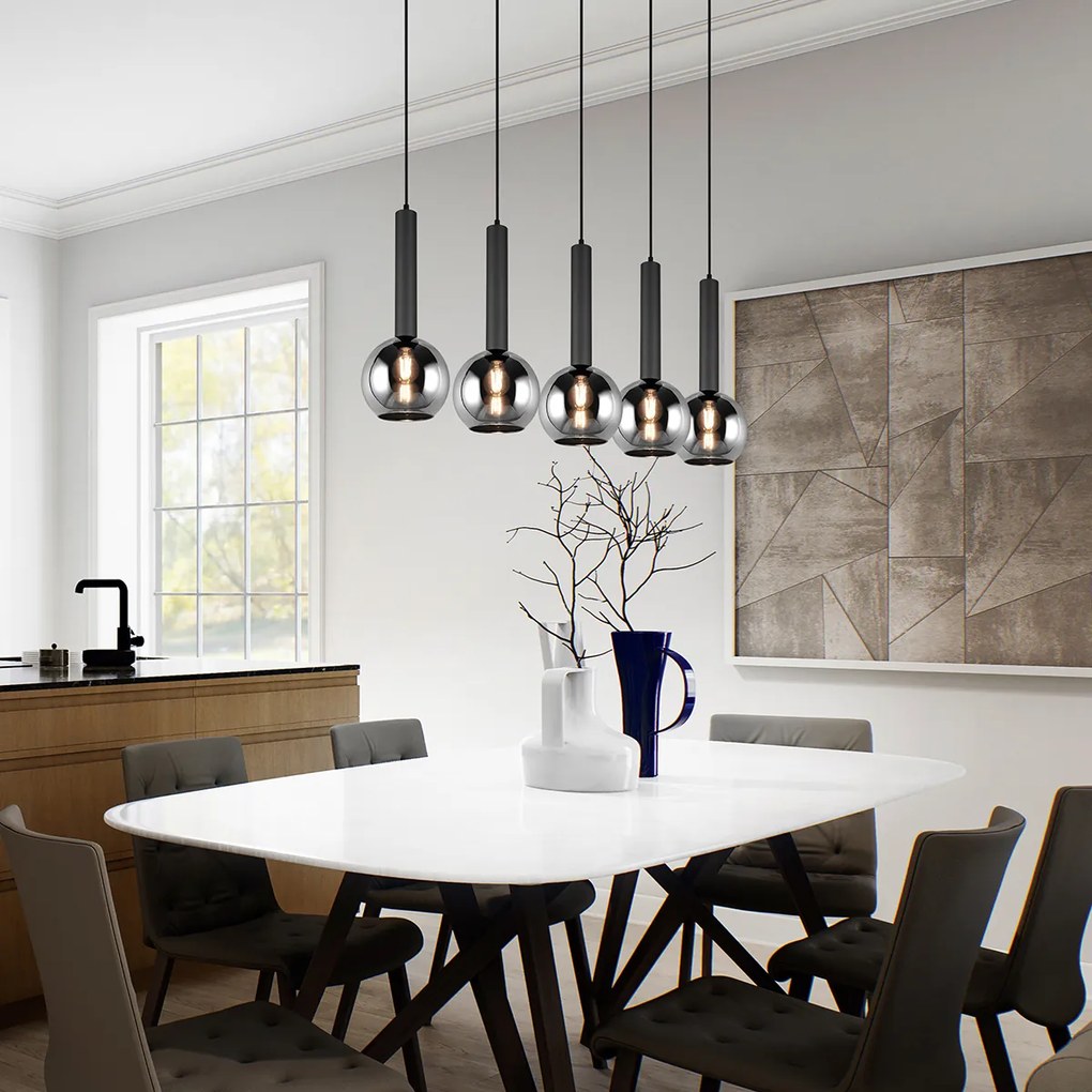 Lampă suspendată modernă neagră cu sticlă fumurie cu 5 lumini - Clayton