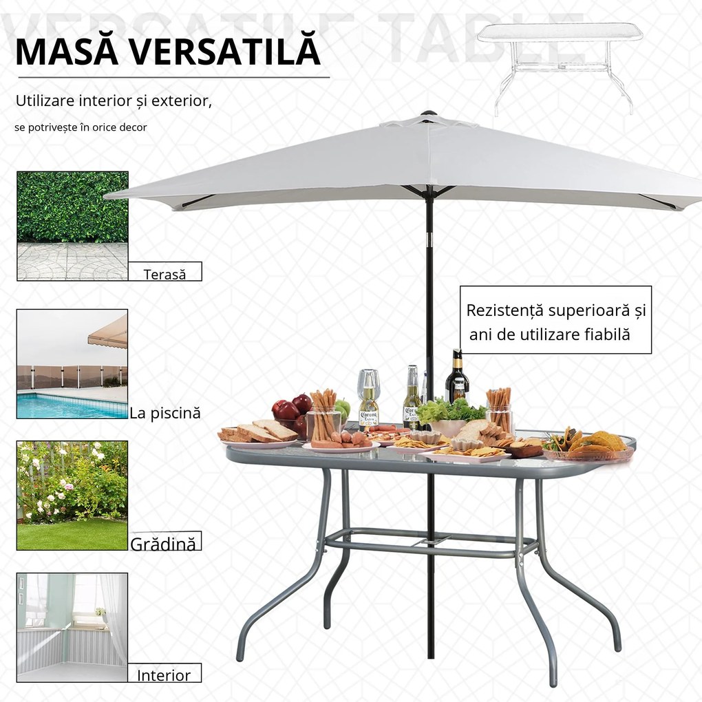 Outsunny Masă de Exterior din Metal și Sticlă Temperată cu Orificiu pentru Umbrelă, Ideală pentru Terasă/Grădină/Verandă, 140x80x70cm | Aosom Romania