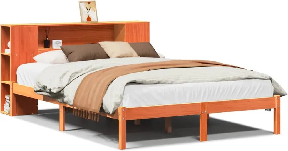 vidaXL Pat cu bibliotecă fără saltea maro 150x200 cm lemn masiv de pin