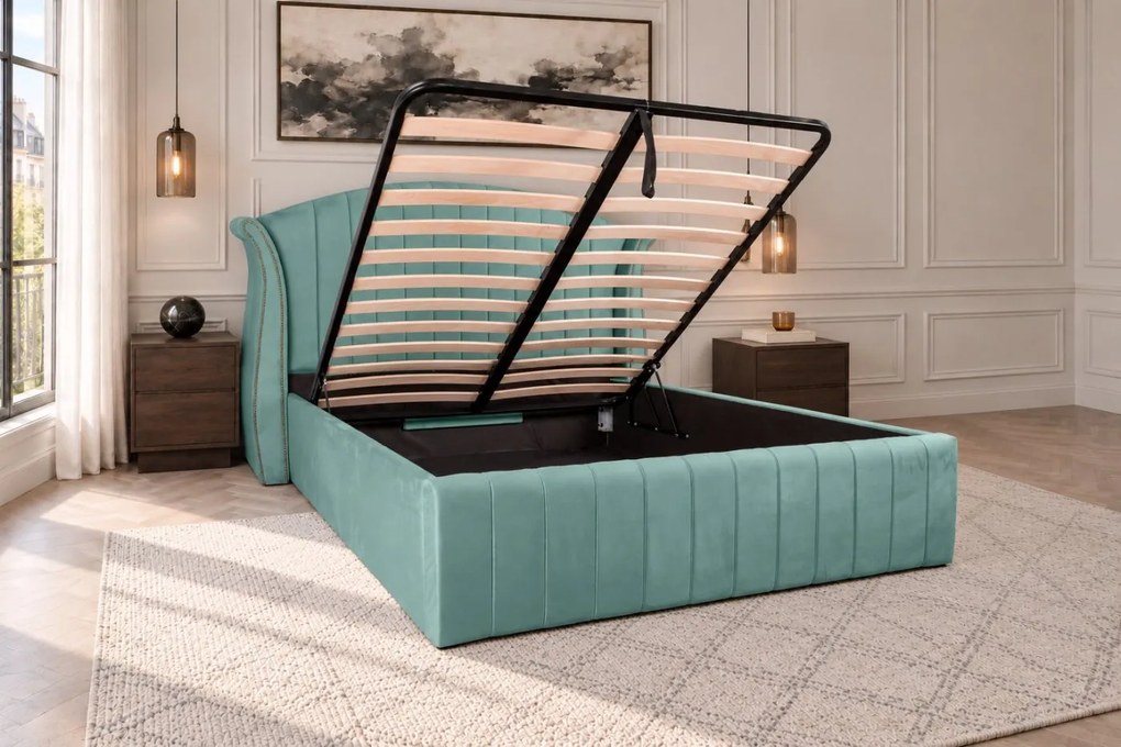 Pat tapițat din catifea Velluto Line 140×200 cm, verde marin, cu ladă de depozitare