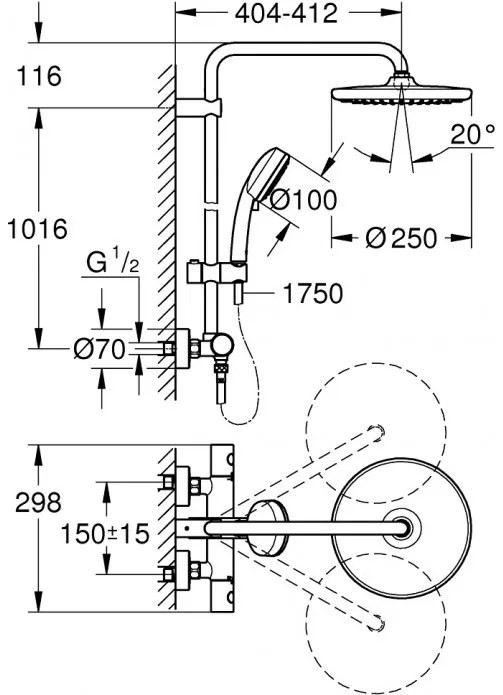 Coloana de dus cu termostat, Grohe Tempesta Cosmopolitan System 250 Cube New, cu 2 tipuri de jet, crom, 26689000