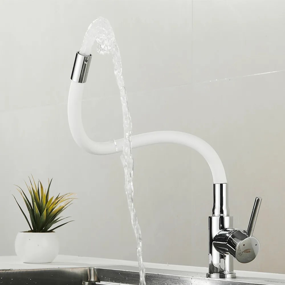 Robinet mixer pentru chiuvetă cu piedestal Corin cu gura de scurgere flexibilă alb