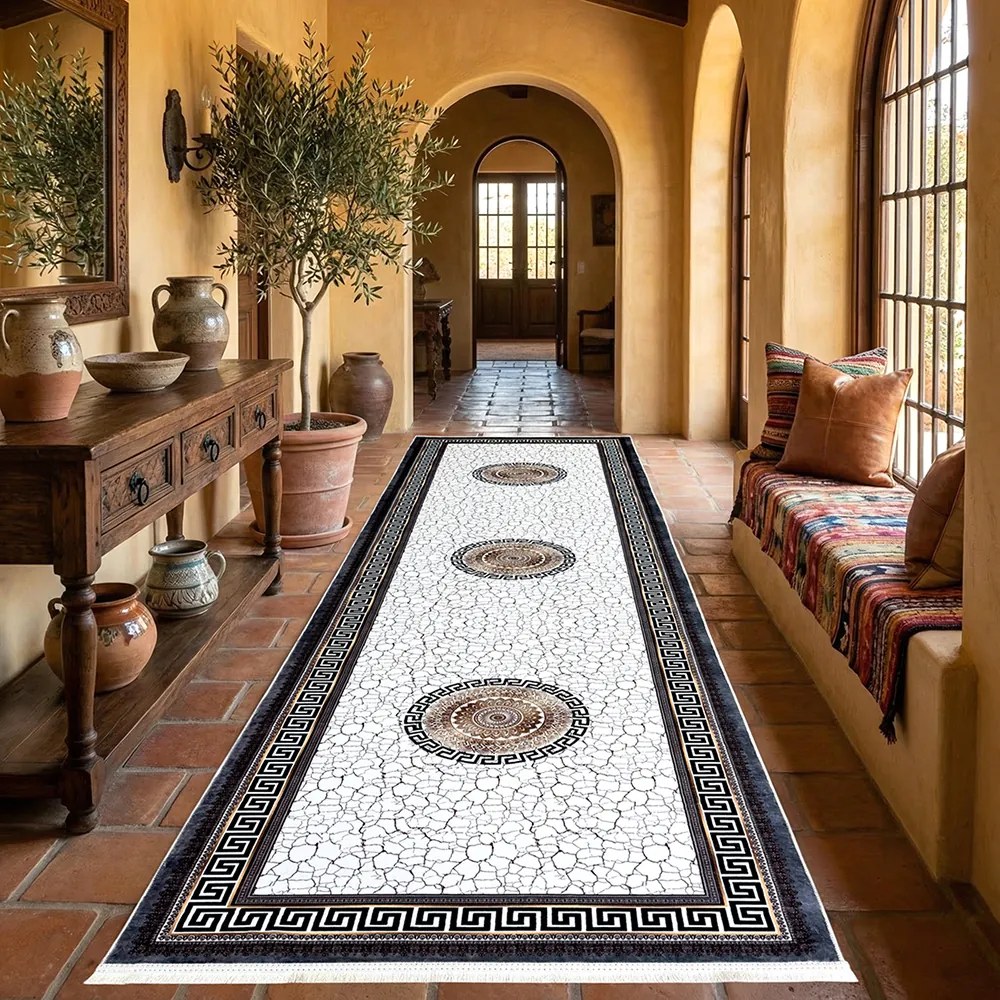 Traversa hol antiderapanta, 80x300 cm, model cu medalioane si chenar grecesc
