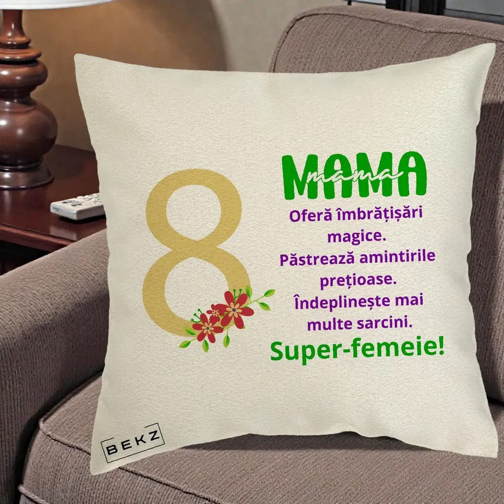 Cadou pentru Mama - Perna Personalizata Mama Super-Femeie cu Cifra 8 si Flori 8 Martie, 40x40 cm, Ecru, Husa Detasabila, Perna Inclusa, BEKZ®