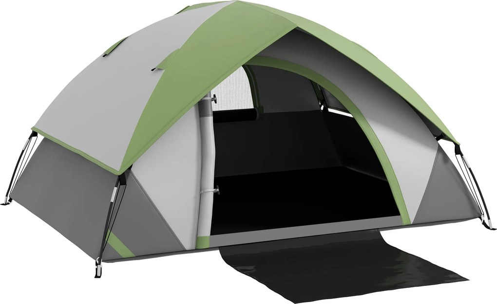 Outsunny Cort de Camping cu 3 Locuri, Geam din Plasă și Cârlig Felinar, Cort de Camping din PE, 270x210x150 cm, Verde | Aosom Romania