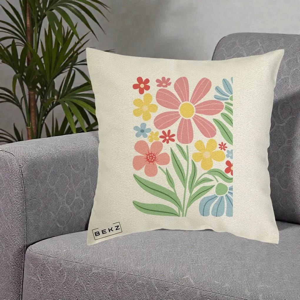 Perna Decorativa Flori Grafice Roz Pastel, 40x40 cm, Ecru, Husa Detasabila, Perna Inclusa, BEKZ®