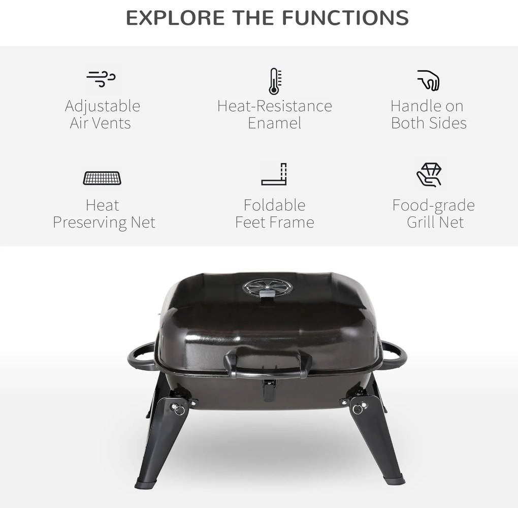 Outsunny Barbecue BBQ Grill de Masa cu Carbune Portabil Pliabil,Fier,Negru, 59x43x36cm
