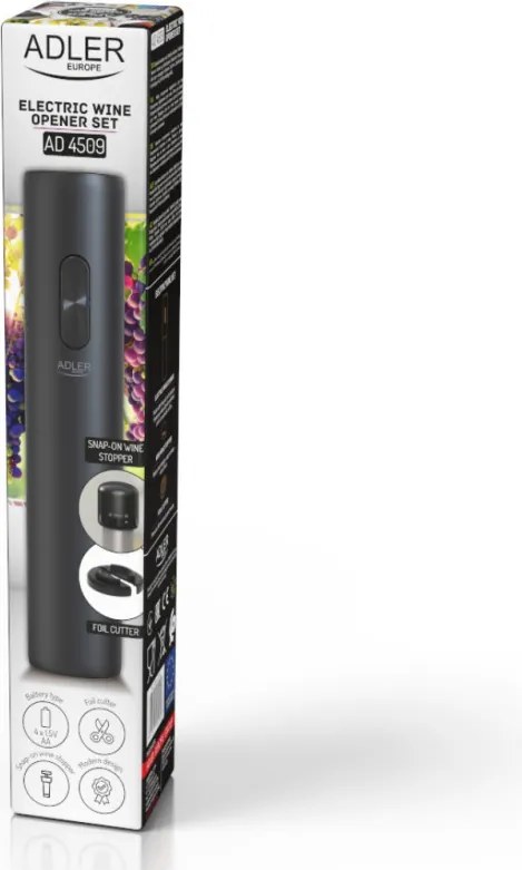 Tirbuson electric Adler AD 4509, 20-24 mm, Taietor de folii, Dop, Negru