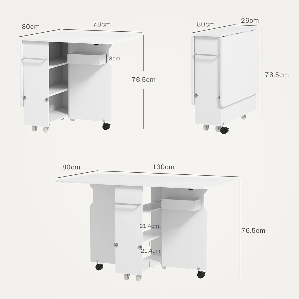 HOMCOM Masă pliabilă cu 2 frunze picătură și spațiu de depozitare, 3 rafturi, pentru 6 persoane, extensibilă, 130x80x76.5 cm | Aosom Romania