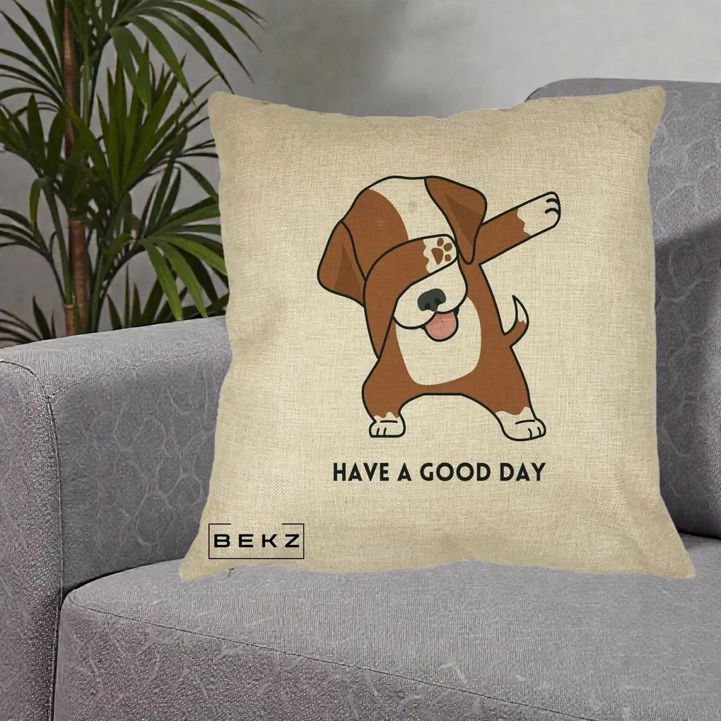 Perna Decorativa Caine Dab Have A Good Day, 40x40 cm, Crem, Husa Detasabila, Perna Inclusa, BEKZ®