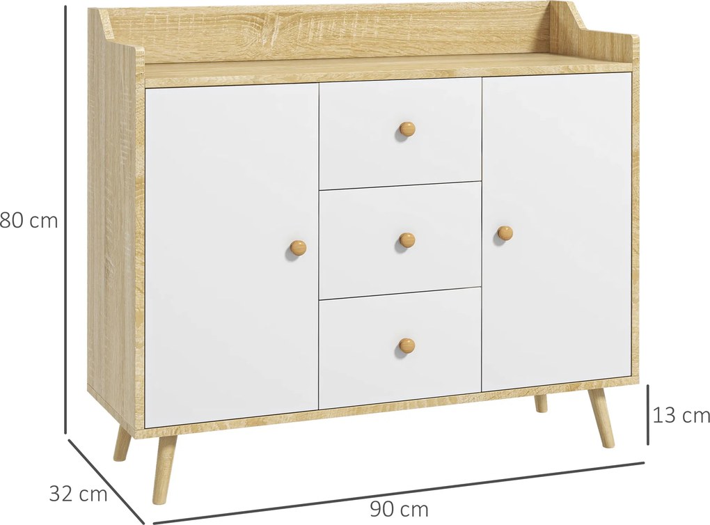 HOMCOM Comodă cu 3 Sertare și 2 Dulapuri cu Rafturi, Bufet Modern din PAL și Lemn de Pin, 90x32x80 cm, Alb | Aosom Romania