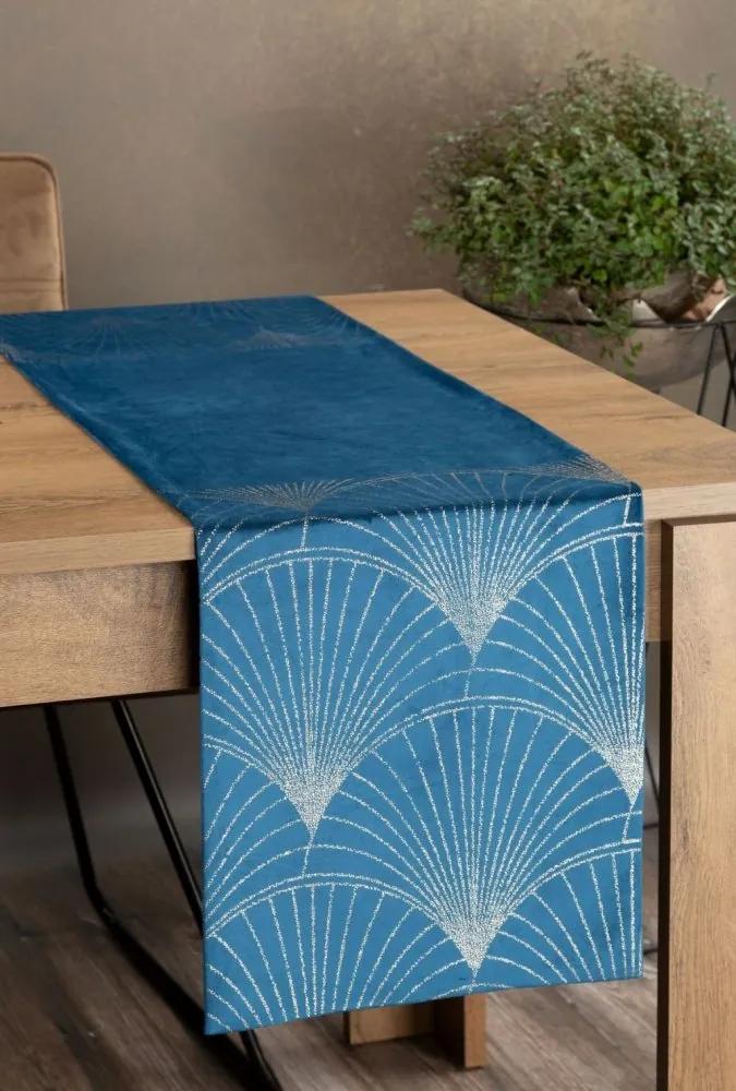 Traversa pentru masa centrală din catifea cu imprimare albastră lucioasă Lățime: 35 cm | Lungime: 220 cm