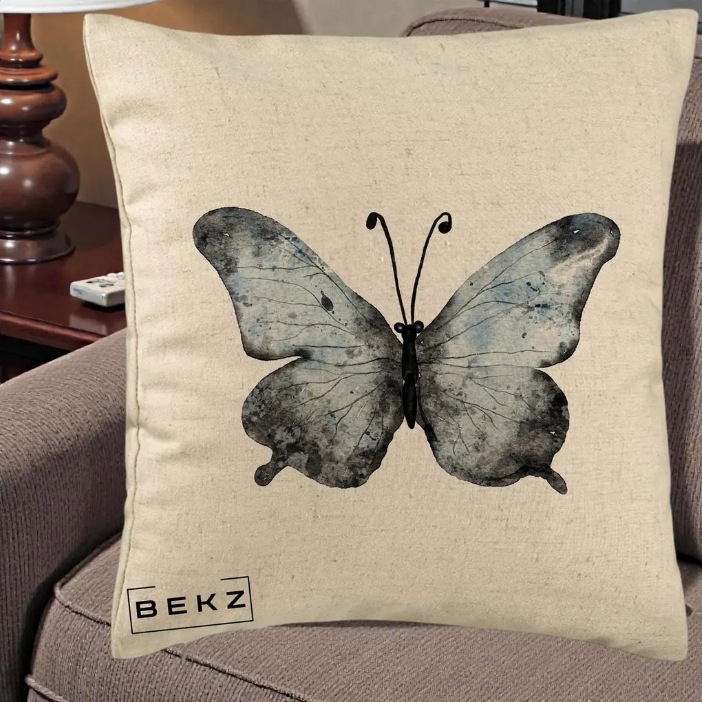 Perna Decorativa Fluture Acuarela Albastru-Gri, 40x40 cm, Bej, Husa Detasabila, Perna Inclusa, BEKZ®