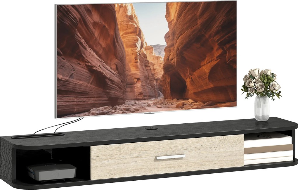 HOMCOM Mobilier TV Suspendat 120 cm, Mobilă TV pentru până la 127 cm, Ușă Rabatabilă, 2 Rafturi Deschise și Orificii pentru Cabluri, Negru | Aosom Romania