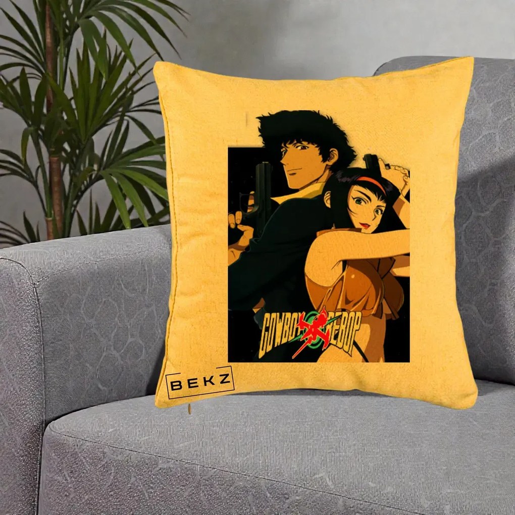 Perna Personalizata Cowboy Bebop Spike si Faye Poster, 40x40 cm, Galben, Husa Detasabila, Perna Inclusa, BEKZ®